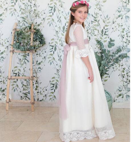 Vestido Niña Comunión Tul Plumeti Lazada Rosa  | Aiana Larocca
