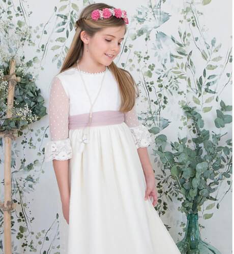 Vestido Niña Comunión Tul Plumeti Lazada Rosa  | Aiana Larocca
