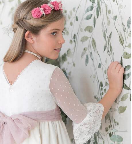 Vestido Niña Comunión Tul Plumeti Lazada Rosa  | Aiana Larocca