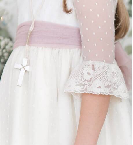 Vestido Niña Comunión Tul Plumeti Lazada Rosa  | Aiana Larocca