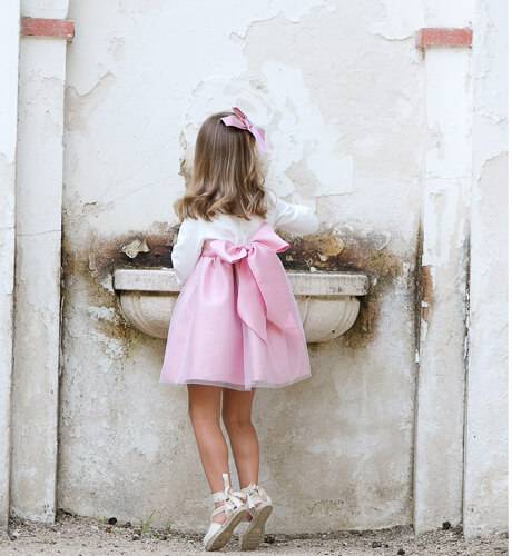 Vestido niña ceremonia rosa con tul perla y lazada | Aiana Larocca