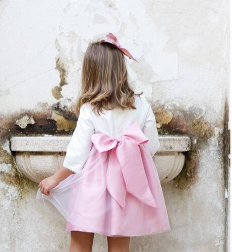Vestido niña ceremonia rosa con tul perla y lazada | Aiana Larocca