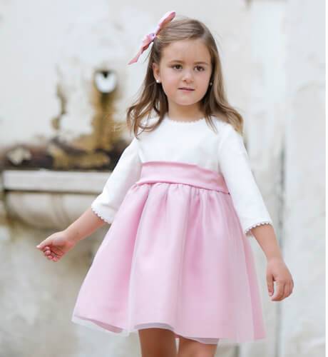Vestido niña ceremonia rosa con tul perla y lazada | Aiana Larocca