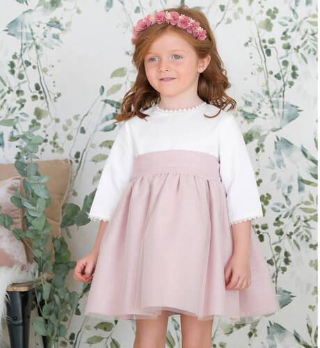 Vestido niña ceremonia con mangas rosa con tul  | Aiana Larocca