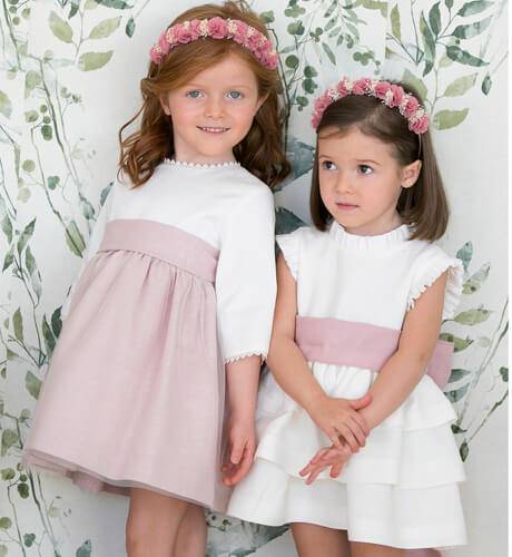 Vestido niña ceremonia con mangas rosa con tul  | Aiana Larocca