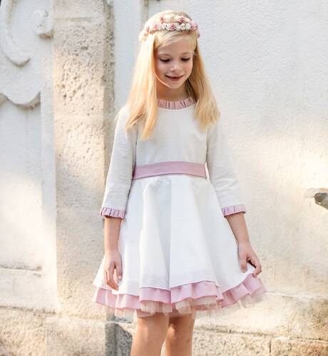 Vestido Bella volantitos rosa y falda vuelo  | Aiana Larocca
