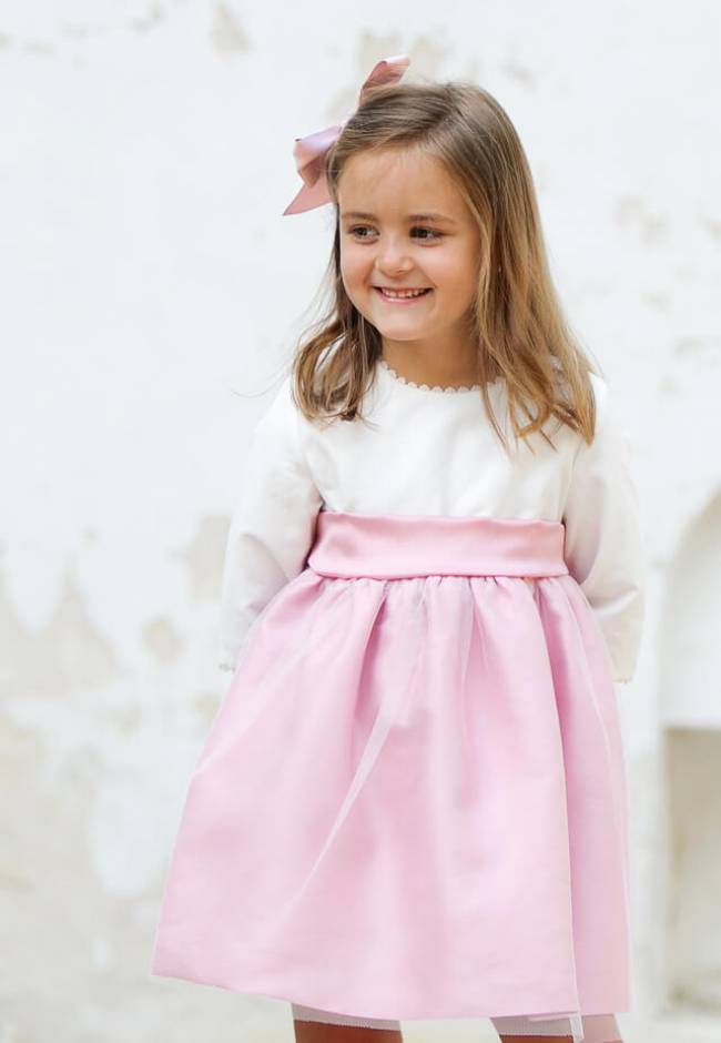 Vestido niña ceremonia rosa con tul perla y lazada | Aiana Larocca