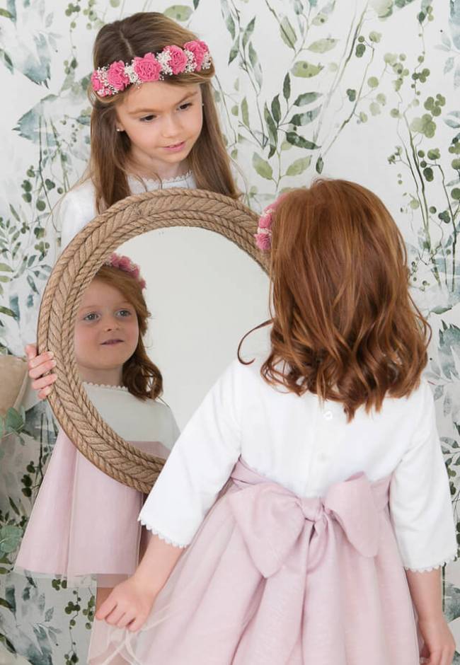 Vestido niña ceremonia con mangas rosa con tul | Aiana Larocca
