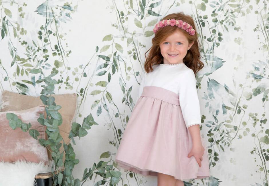 Vestido niña ceremonia con mangas rosa con tul | Aiana Larocca